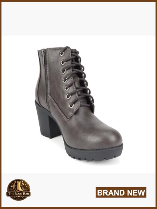 Women Lug Sole Chunky Heel Combat Ankle Bootie Lace Up with Side Zipper